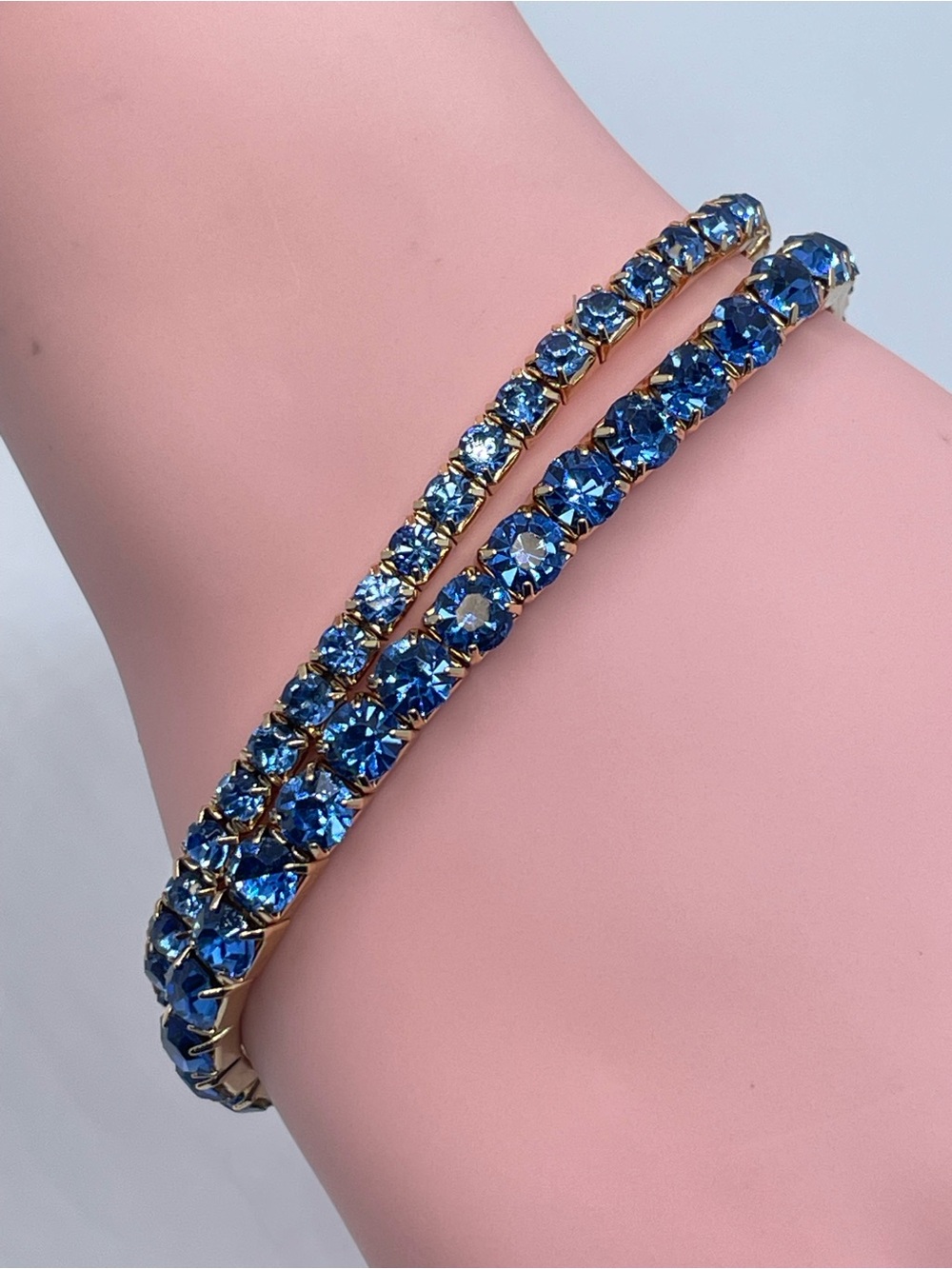 Gold Tone Blue Crystal Stretch Bracelets Stackable Set Sparkly